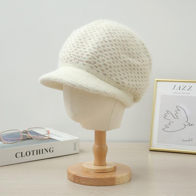 Autumn and Winter Casual Bright Diamond Rabbit Hair Mother Hat Versatile Plus Velvet Thickened Cold Proof Duck Tongue Cap Can Scarf Warm Set New