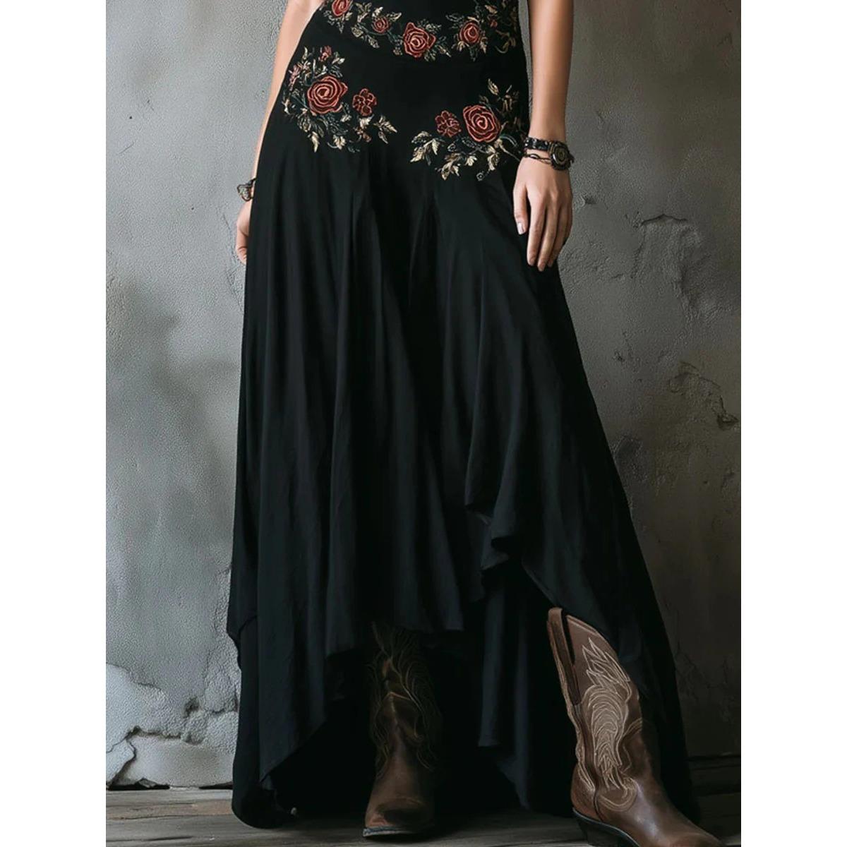 Women s Halter Neck Sleeveless Floral Embroidered Maxi Dress Slim Fit High Waist Irregular Hem Party Dress S чёрный