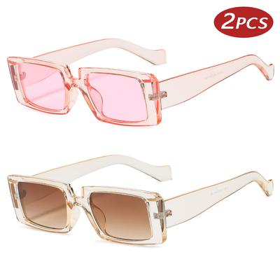 2pcs Sets Trendy Rectangle Sunglasses Small Frame Square Sunglasses Outdoor Sports Travel Vintage Gradient Eyeglasses UV400