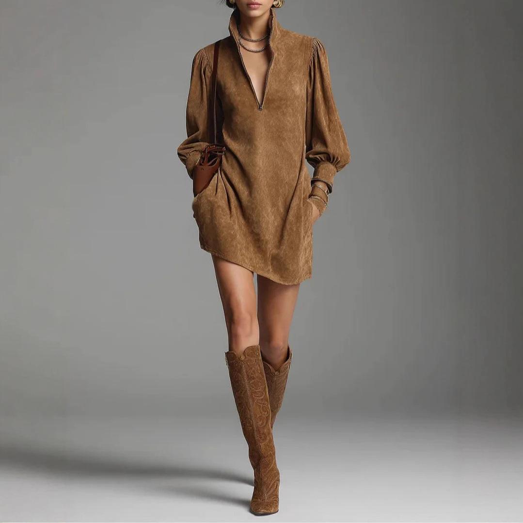 Elegant Retro Solid Color Stand Collar Zipper Dress - Long Sleeve Fashion (2025) Large верблюд