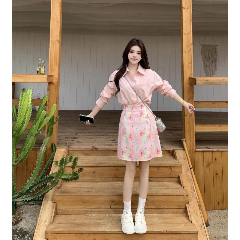 

Plus Size Korean Style Pink Long-Sleeve Shirt & Skirt Set for Women - Spring/Summer Collection XL