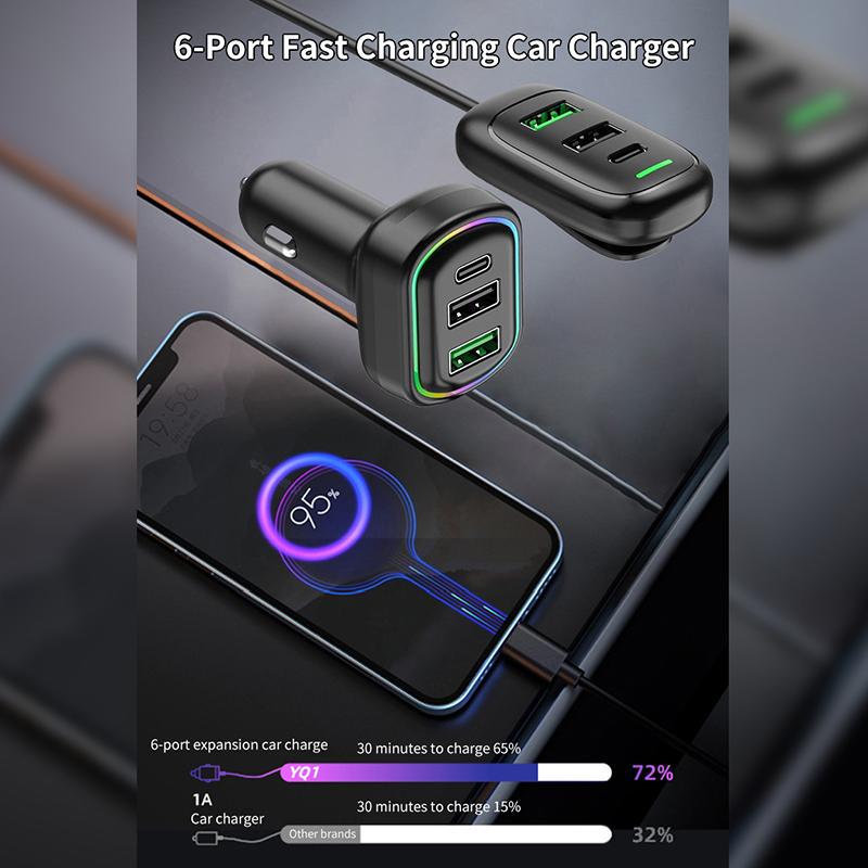 6-Ports Usb Type-C Front And Rear Extension Car Charger With Rgb Light Pd Fast Charging Power Adapter For Iphone Tablet Laptop