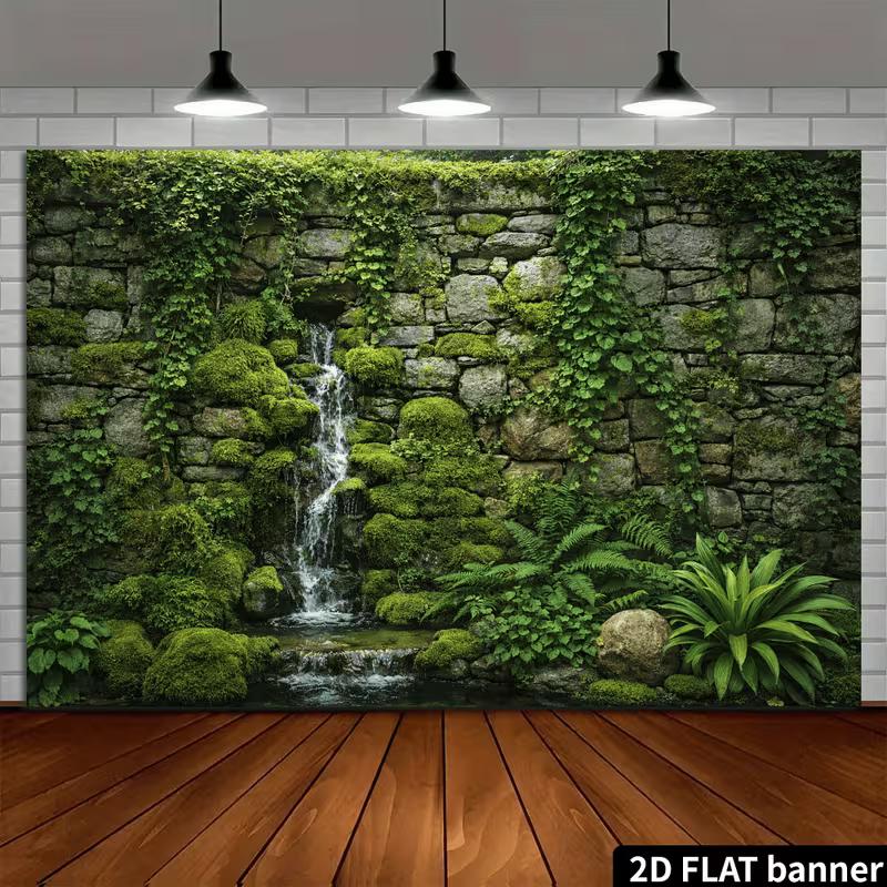 2D Lush Jungle Waterfall Moss Wall Backdrop for Nature Lover and Green Aesthetic
