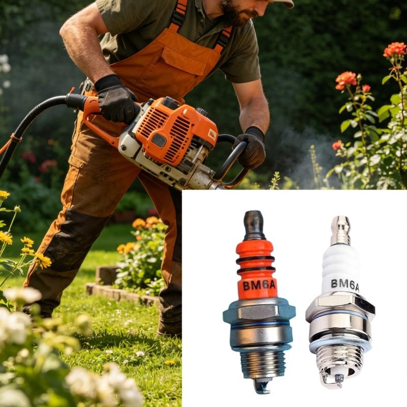 BM6A Spark Plugs 4 Pack for Two-Strokes Garden Machine Maintenance, Ceramic Insulator with Metal-Plated Shell Design