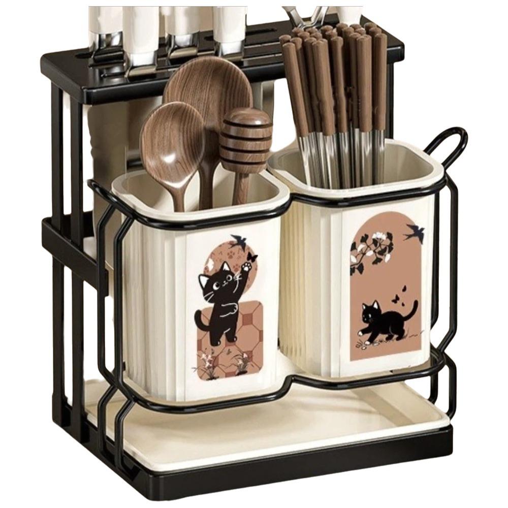Cute Cat Pattern Kitchen Storage Rack Standing Cutlery Organizer Chopstick Holder Home Use