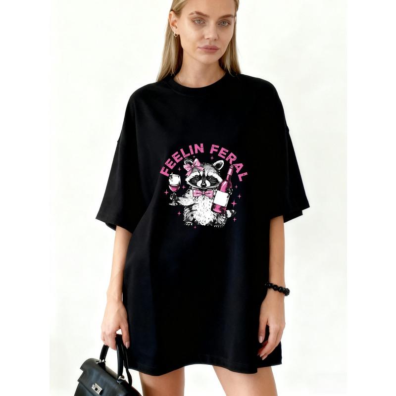 Oversized T Shirt Dress Black Feelin Feral Raccoon With Wine Bottle And Glass Print Casual Streetwear For Women