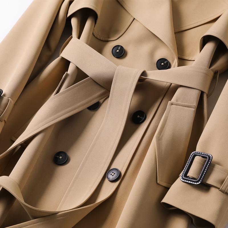 Classic Double Breasted Trench Coat with Belt, Khaki Casual Windbreaker Jacket