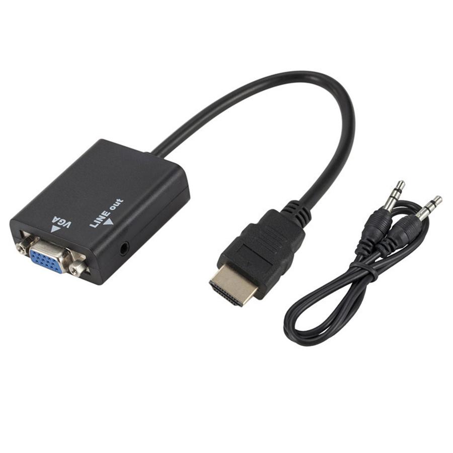 New 1×Black HDMI to VGA Converter With 3.5mm Audio Cable Video Output Adapter PC DVD