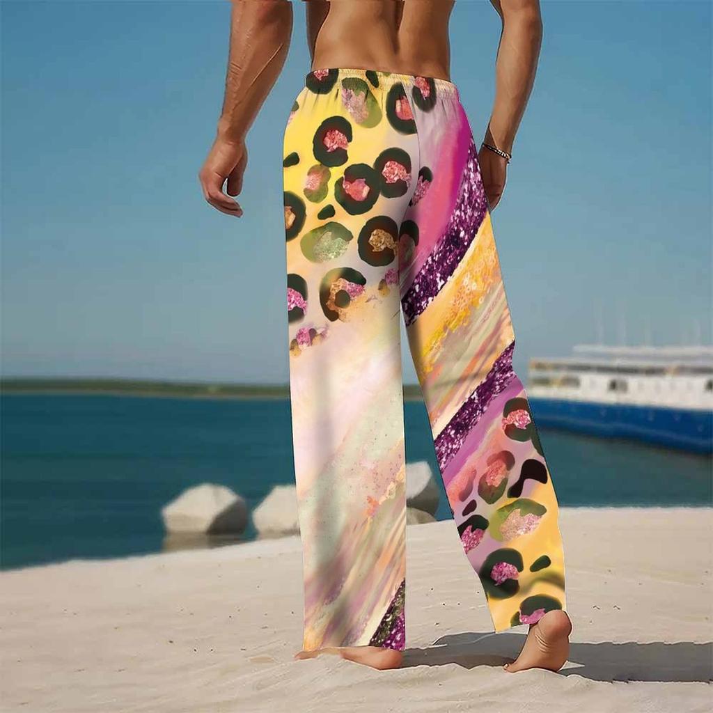 Men Black Base Rainbow Gradient Leopard Print Drawstring Straight Trousers With Side Pockets Eye Catching Bottoms