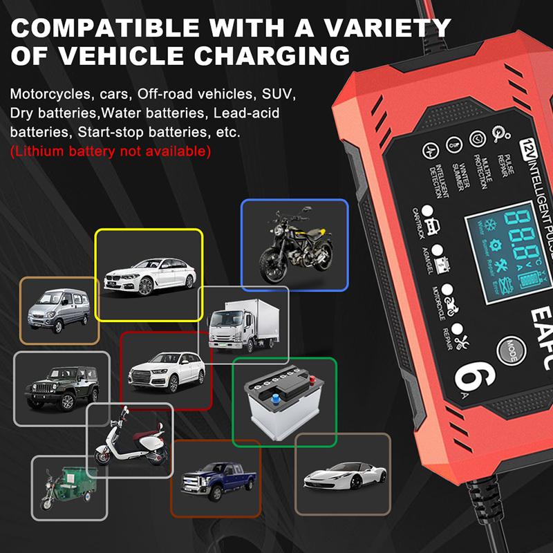 Chargeur de Batterie de Voiture 6A 12V Dispositif de Charge de Batterie de Voiture et de Moto Batterie Plomb-acide Réparation Intelligente Écran LCD