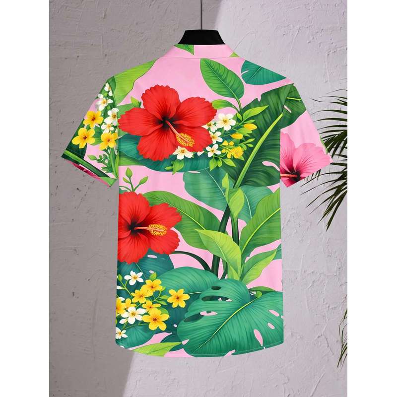 Women's Casual Short-Sleeve Button-Up Shirt Hibiscus Flower Pattern Green Leaves Foundation Shade Machine Washable Fashion Top