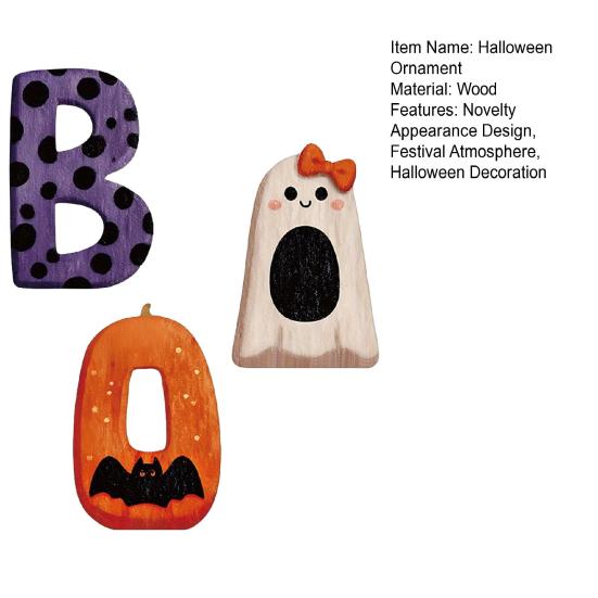 3Pcs/Set Wooden Halloween Statues Letter Bat Pumpkin Ghost with Bowknot Deisgn Halloween Desktop