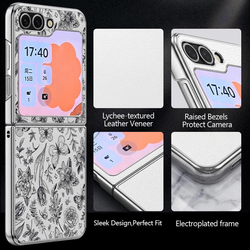 Pastoral Wildflower Case For Samsung Z Flip 8 7 6 5 Hybrid 3in1 Leather Skin Plating Frame Hard Folding Phone Cover For Galaxy Z Flip8 Flip7 Flip6