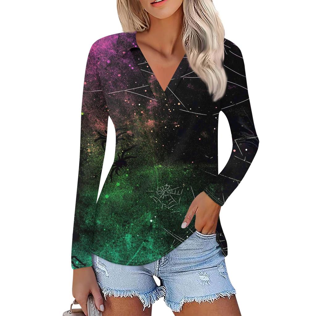 Dámská letní móda ležérní košile s potištěným výstřihem do V s dlouhým rukávem