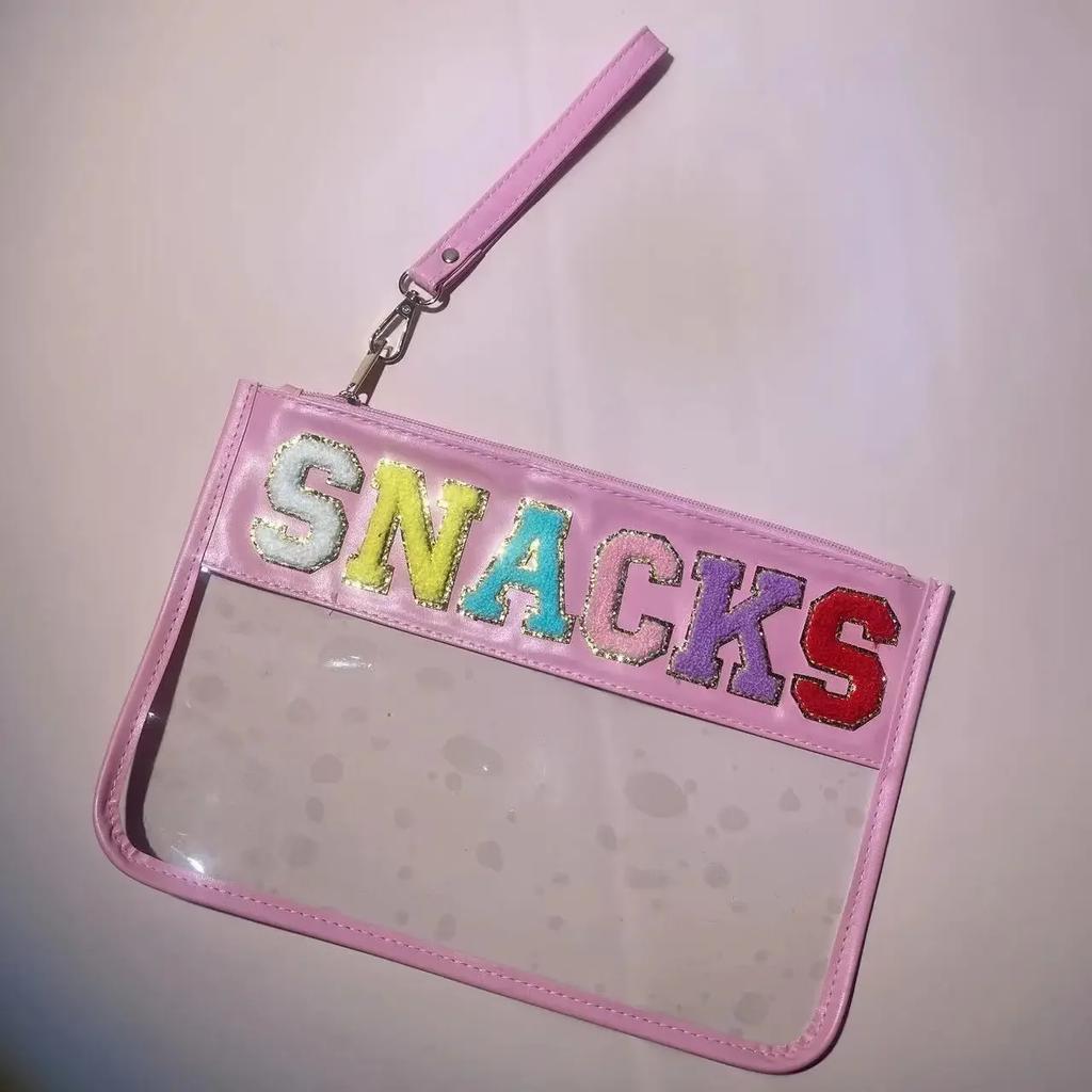 PVC Clear Letter Wash Cosmetic Bag Travel Snack Bag Clear Letter Embroidered Bag for Travel Beach Portable Toilet Storage
