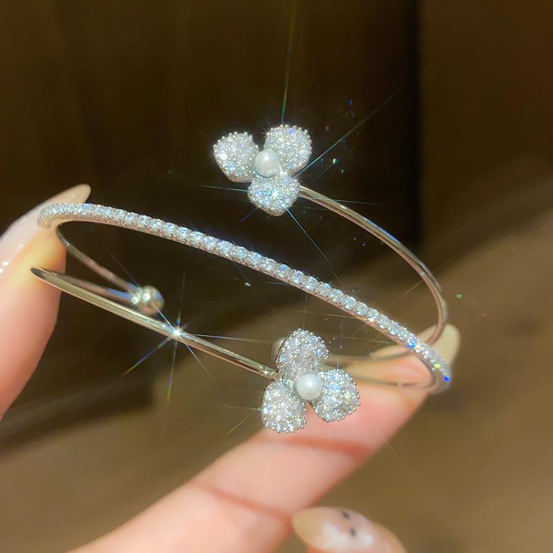 

Exquisite Zircon Flower Multi-layer Open Bangle - Elegant Japanese and Korean Inspired Women s Jewelry