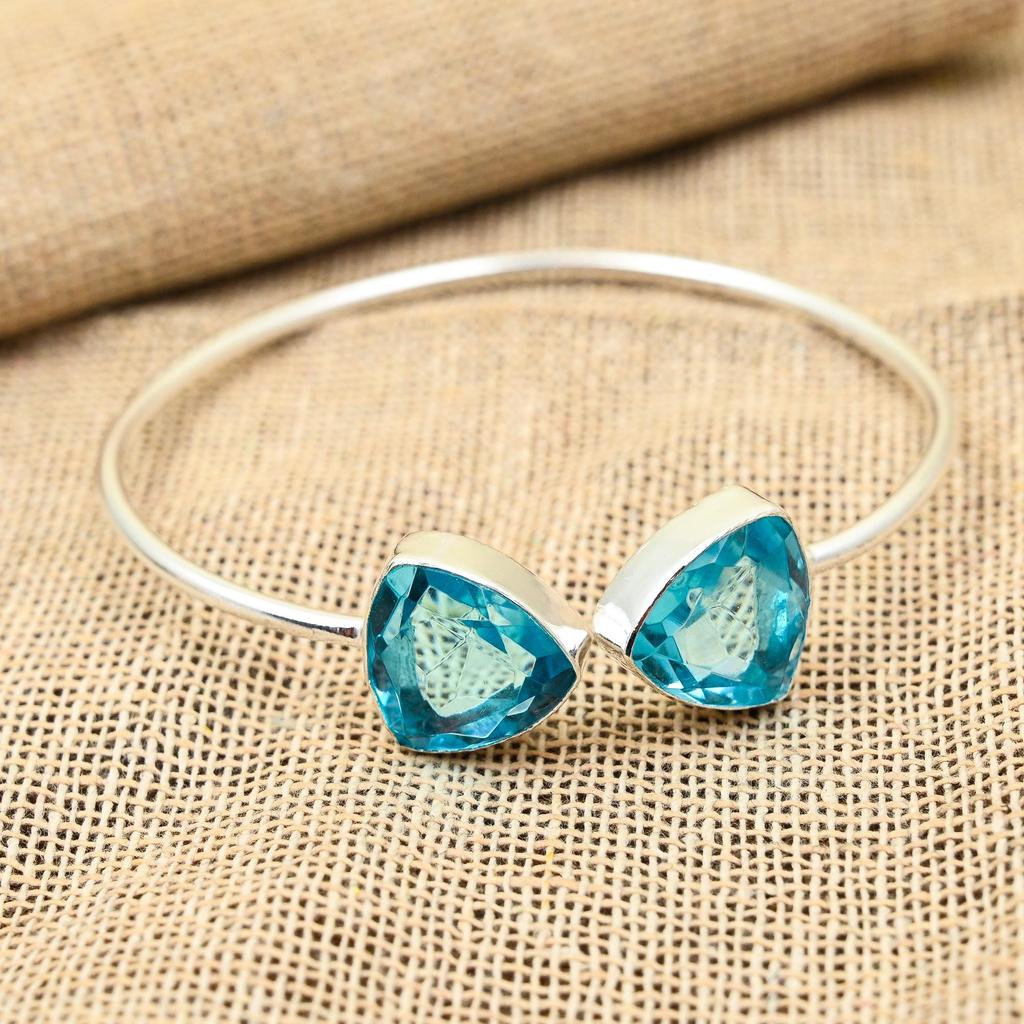 Blue Topaz Natural Gemstone Jewelry Bangle Adjustable Cuff 925 Solid Sterling Silver