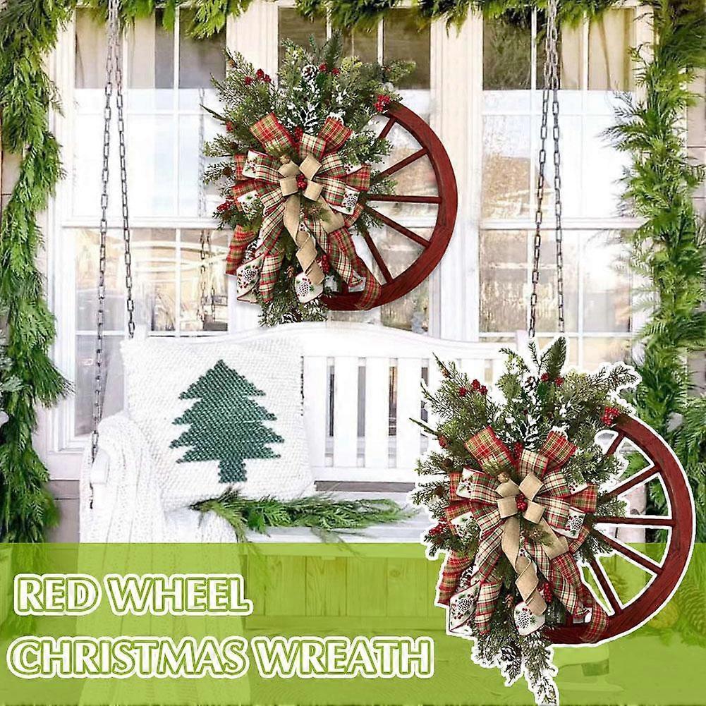Festival Red Wheel Wreath Front Door Xmas Garland with Ribbon
