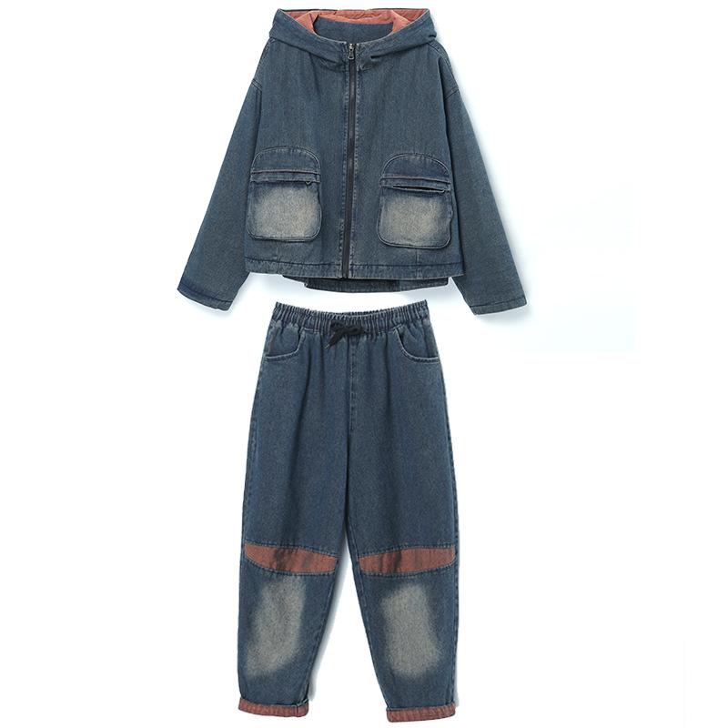 Costum de blugi gros pentru femei 2024: Modă Toamnă/Iarnă, Set Elegant Casual din Două Piese pentru Mame de Vârstă Mijlocie și Vârstnice