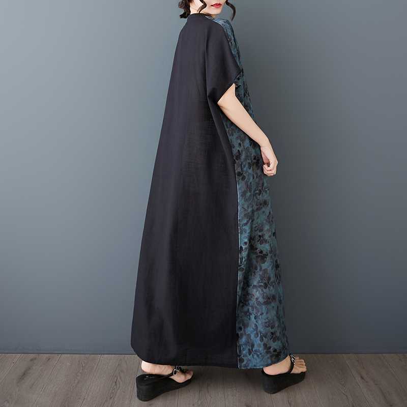 Women's Cotton and Linen Retro Short Sleeved Color Blocked Dress