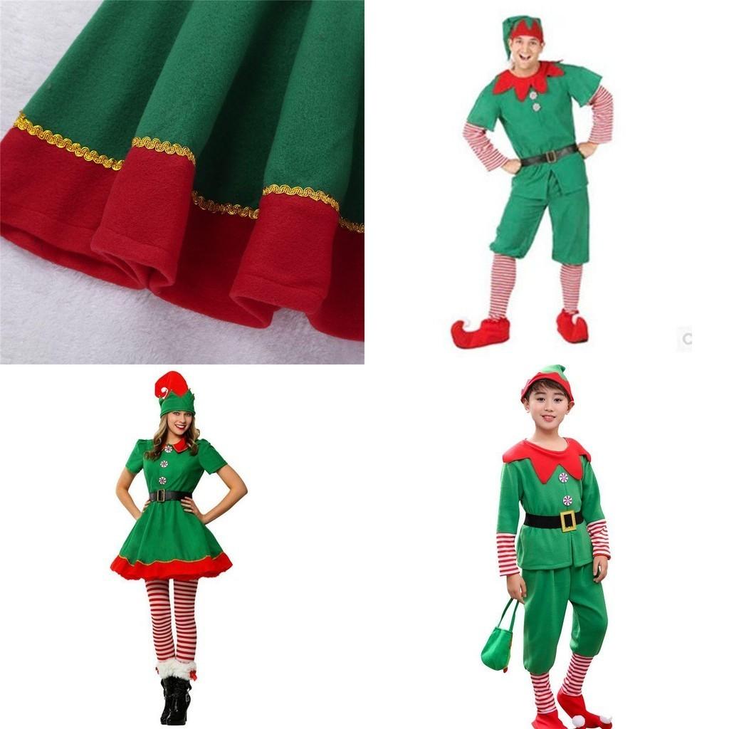 Cheerful Family Christmas Cosplay Costume Featuring Green Elf Santa Claus Design For All Ages