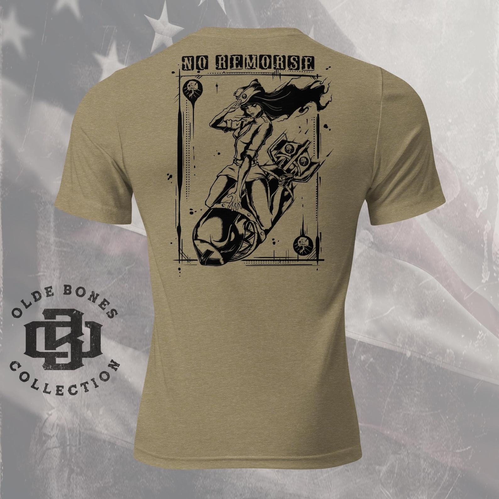 Tri-Blend Olive No Remorse Retro Pin Up Bomber Girl T-Shirt, Rockabilly Bombshell Tee M