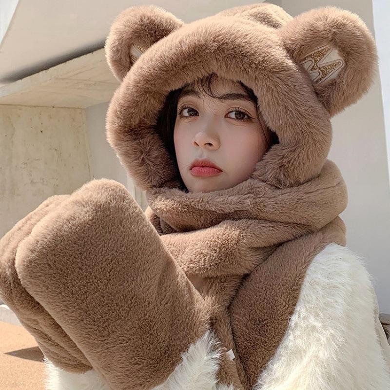 Bear hat, scarf, and gloves, fleece-lined and thickened, three-piece set, women's plush hat, women's winter warm plush hat