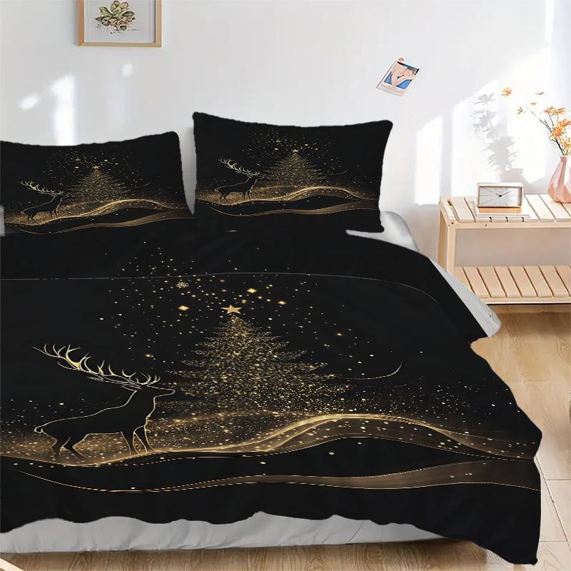 

3pc Golden Deer & Christmas Tree Sparkling Bedding Set-Festive Decoration for Bedroom,Guest Room,Living Room,Hotel 135x200cm