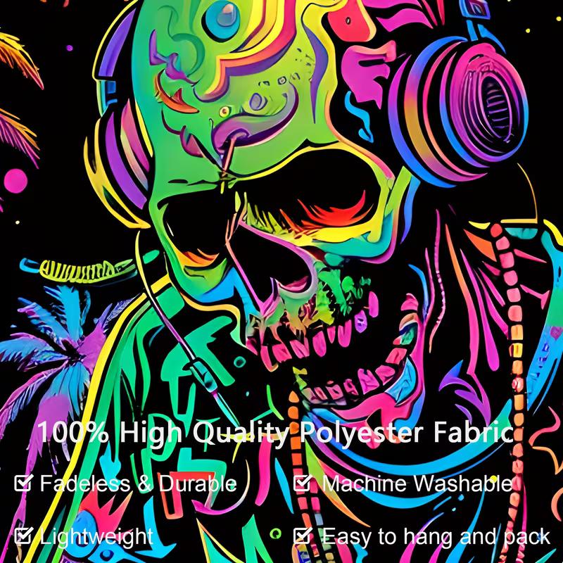 Glow in The Dark Skull DJ Tapestry, Blacklight Party Wall Art with Neon Palm Trees for Bedroom & Club