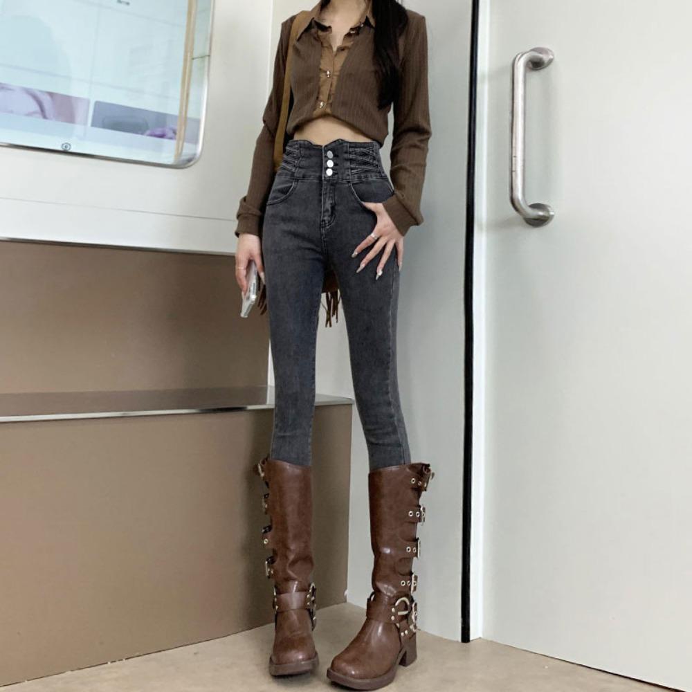 

Denim pants spring and autumn high waist three buckle abdomen niche hip lift elastic slim pencil trousers ins tide 32
