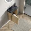40cm Wall-mounted Bathroom Vanity with Undermount Basin, Black Marble, Plywood Cabinet with Stripes, One Door, Pre-assembled, White Oak Wood Grain