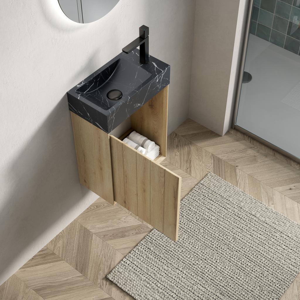 40cm Wall-mounted Bathroom Vanity with Undermount Basin, Black Marble, Plywood Cabinet with Stripes, One Door, Pre-assembled, White Oak Wood Grain