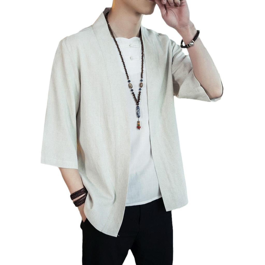 Men's Chinese Style Linen Hanfu Cardigan - Loose Fit, Plus Size, Casual Three-Quarter Sleeve Shirt