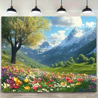2D Cartoon Style Mountain Flower Background Cloth for Party Decor