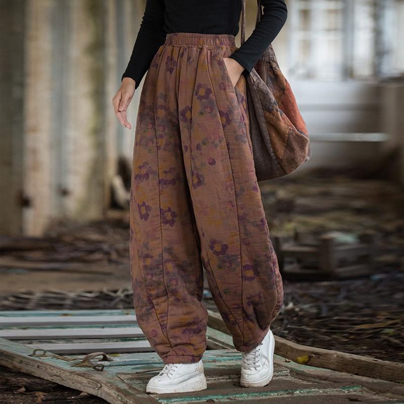 Johnature Women Vintage Print Floral Winter Pants Elastic Waist Pockets Trousers Warm Bloomers Pants