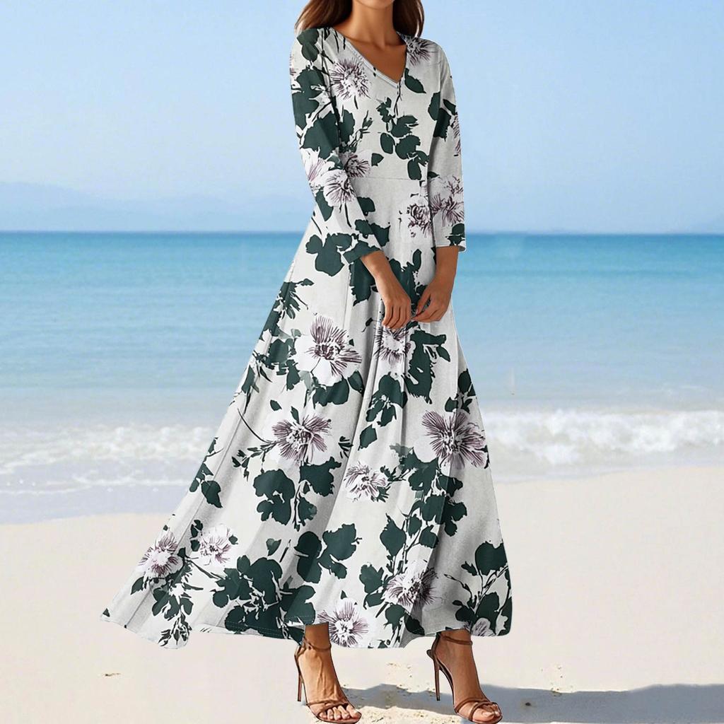 Women's Fashion V-Neck Floating Beach Dresses Seven Sleeve Floral Printed Dresses