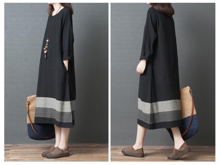 JINJUDUO Long Loose Midi Color Relaxed Sizes Office Fall Women's Cotton-Linen Dress, Sleeve, A-Line, Fit, Length, Block, Design, M-2XL, Slimming,