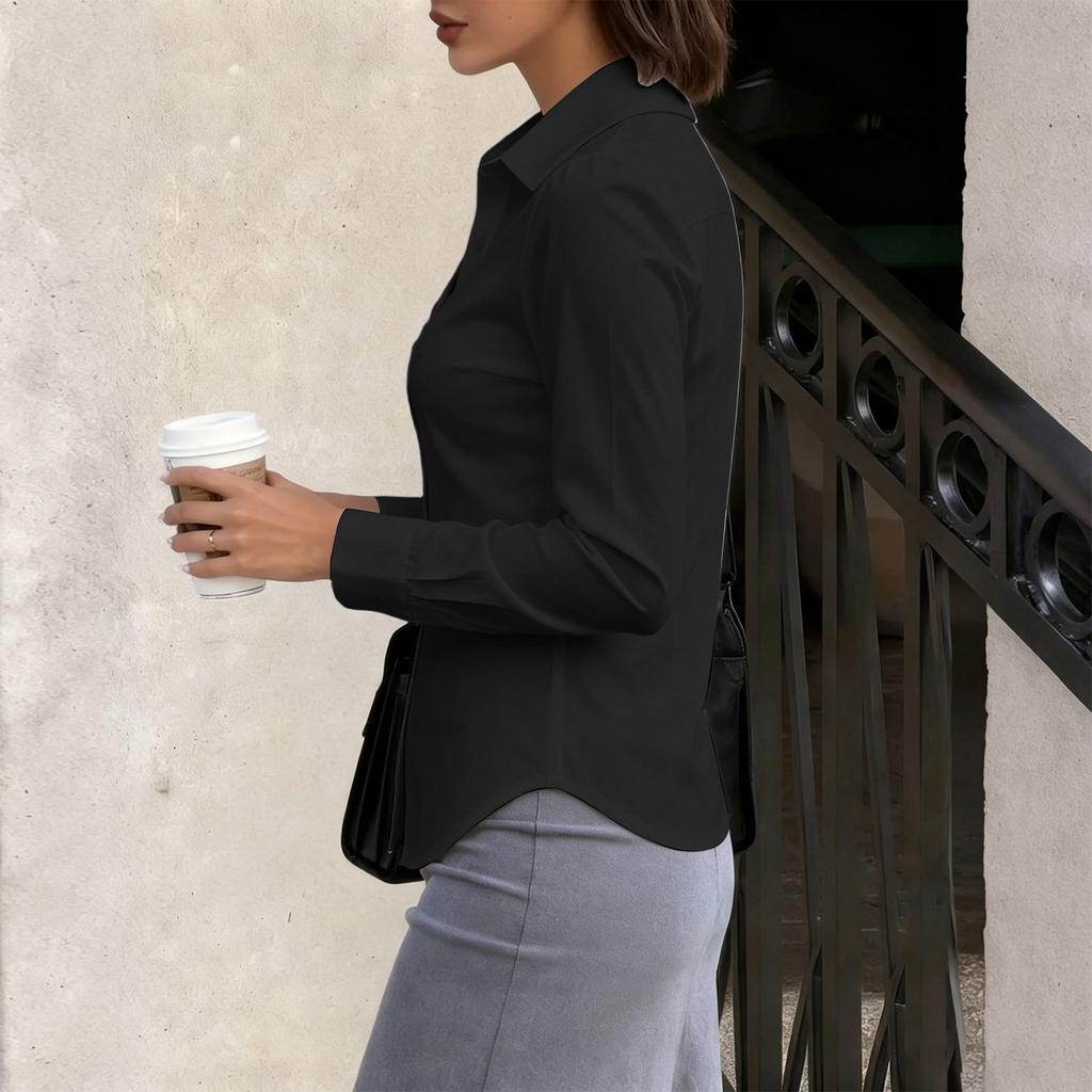 Women's Slim Fit Button Down Shirt Long Sleeve Collared Blouse Stretchy Office Workwear Top with Ruched Front Design