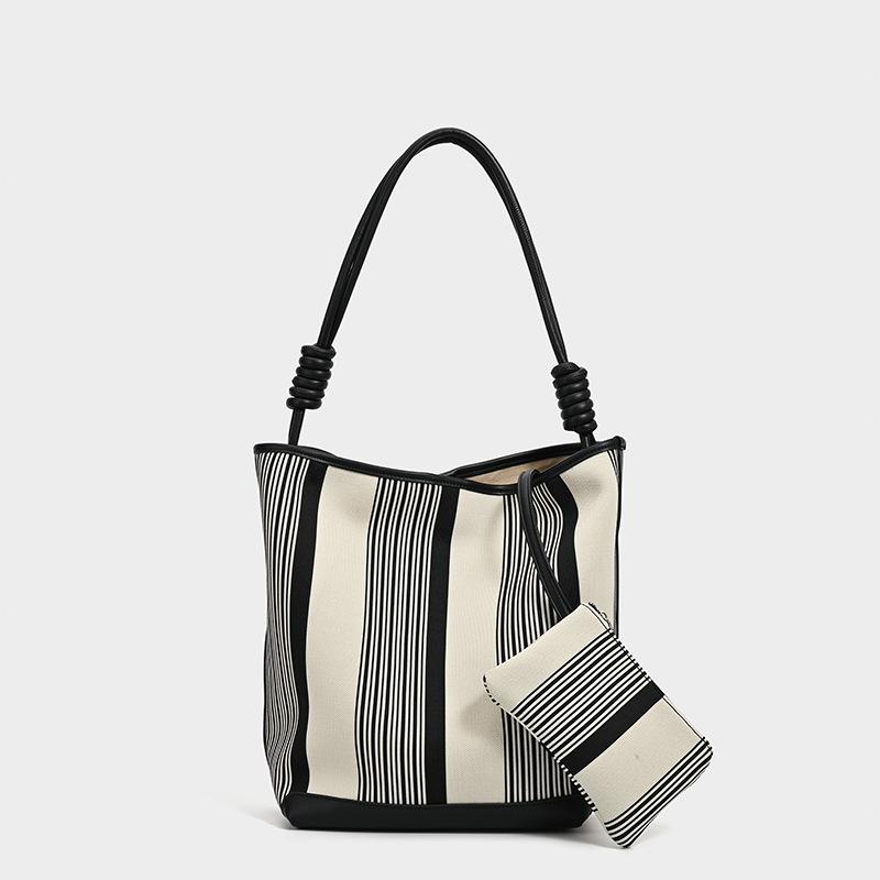 

Women Tote Bag Striped SOFT Leather Casual Fashionable Simple Shoulder Bag Large Capacity Purses and Handbags Female Bucket Bags