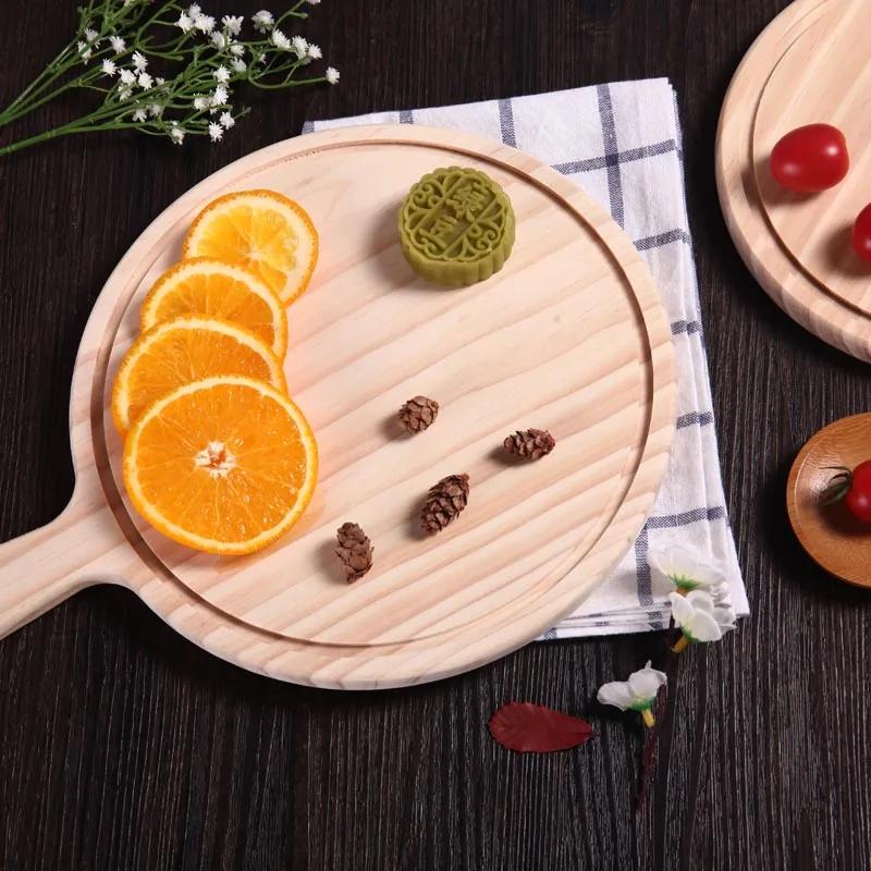 Bamboo-wood pizza tray round handle Japanese-style household western-style steak tableware Pizza tray bottom supports solid wood