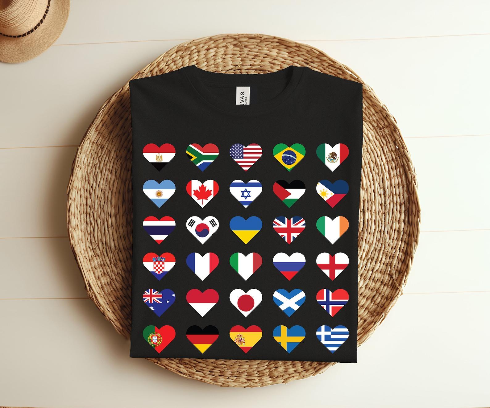 World Flags Heart Love T-shirt Travel Flag International Tee, Learning Kids Graphic World Geography Clothing, International Students School, 150