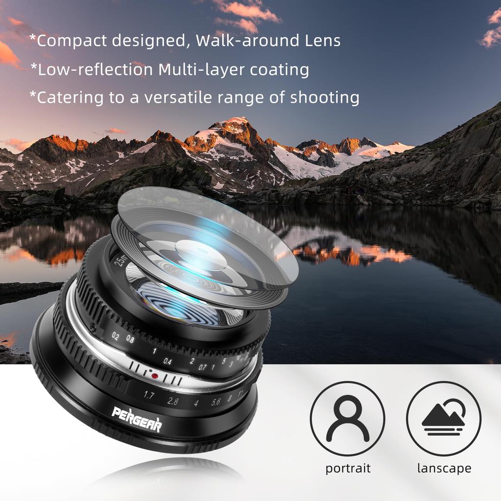 Pergear 25mm Large Aperture Manual Camera Compact and Ideal for Everyday Street and Landscapes F1.7 APS-C Lens, Lightweight, Photography, Portraits,