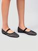 Women's Black Square Toe Ballet Mary Jane Flats with Cross Pattern Embroidery Detail and Black Buckle Strap
