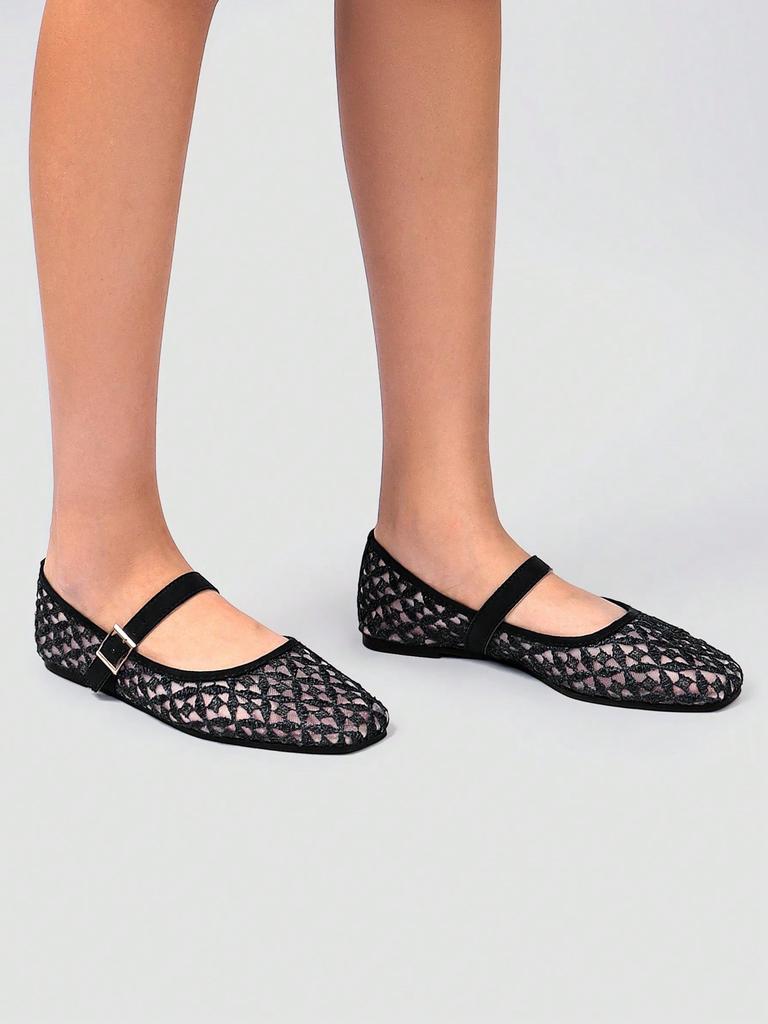 Women's Black Square Toe Ballet Mary Jane Flats with Cross Pattern Embroidery Detail and Black Buckle Strap