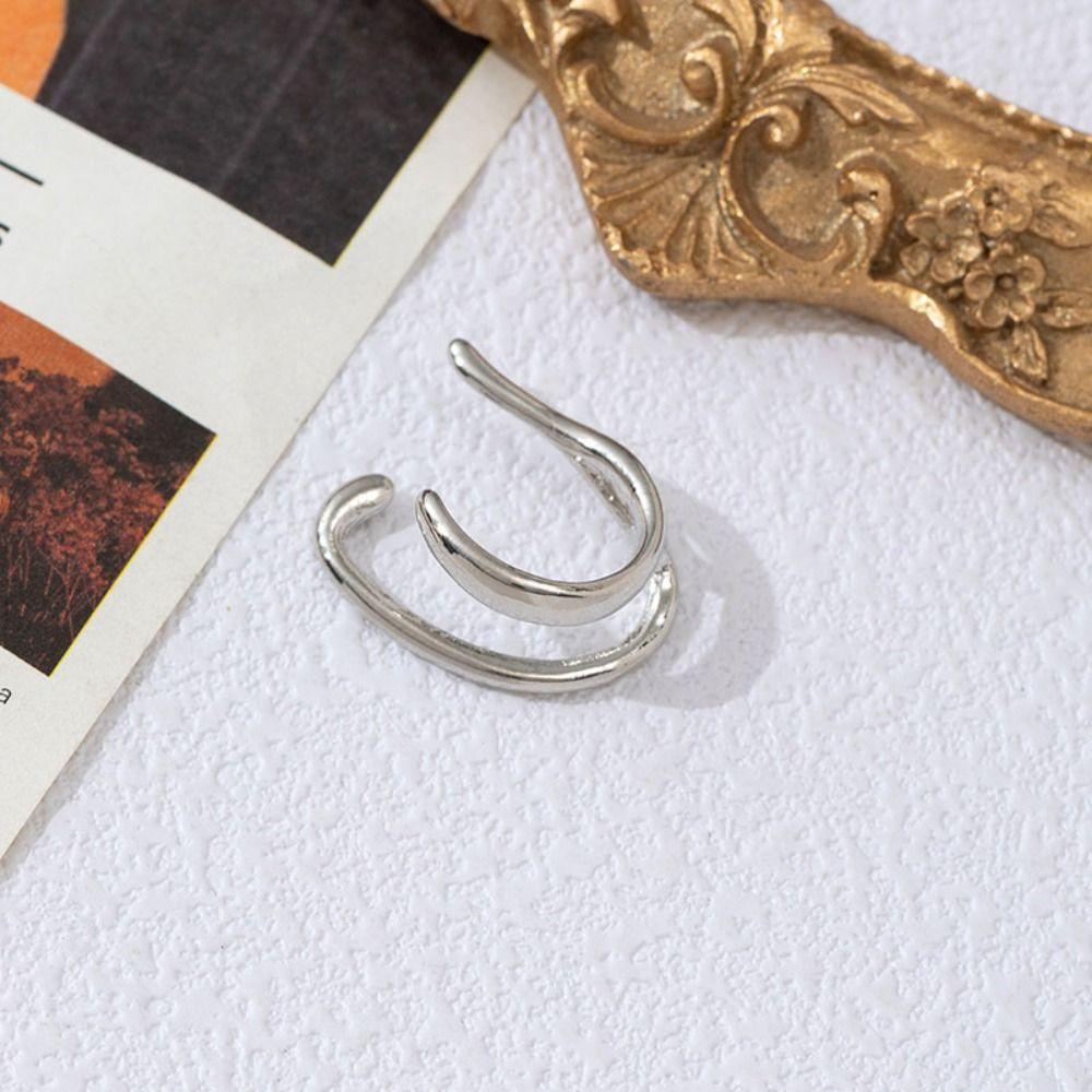 Korean Style Fake Piercing Earcuff Retro Design Classic Wide C Shape Faux Earrings Clip On Double Circle Design Earcuff Earrings