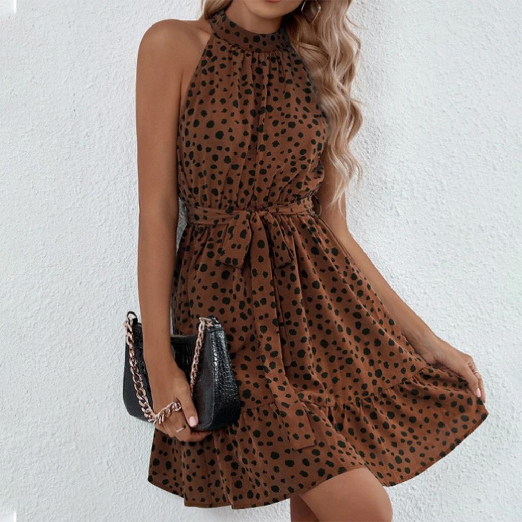 Ladies Casual Fashion Sexy New Sleeveless Dot Lace-up Ruffle Dress