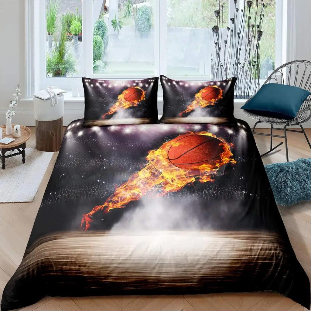 Basketball Duvet Cover Set Black 3D Ball Sports Theme Bedding Set Microfiber Basketball Court Competitive Games King Quilt Cover