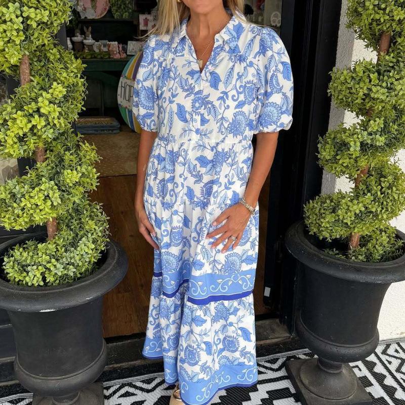 Blue and white blue and white porcelain printed shirt dress women s bubble sleeves waist medium and long women s clothing S