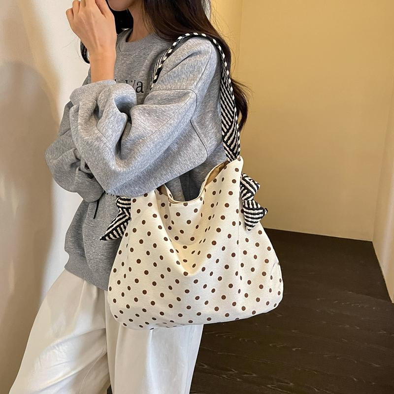 Polka Dot Corduroy Shoulder Bag Casual Hobo Tote with Striped Strap Large Capacity Handbag