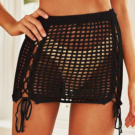Beach Skirt Solid Color Drawstring Sexy Hollow Out Hight Waist Summer Skirt Holiday Clothes